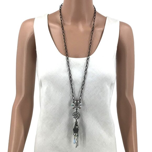 Plunder Tassel Necklace Black Faux Pearl Rhinestone Heart Long Length 32 Inch Le - Picture 1 of 2